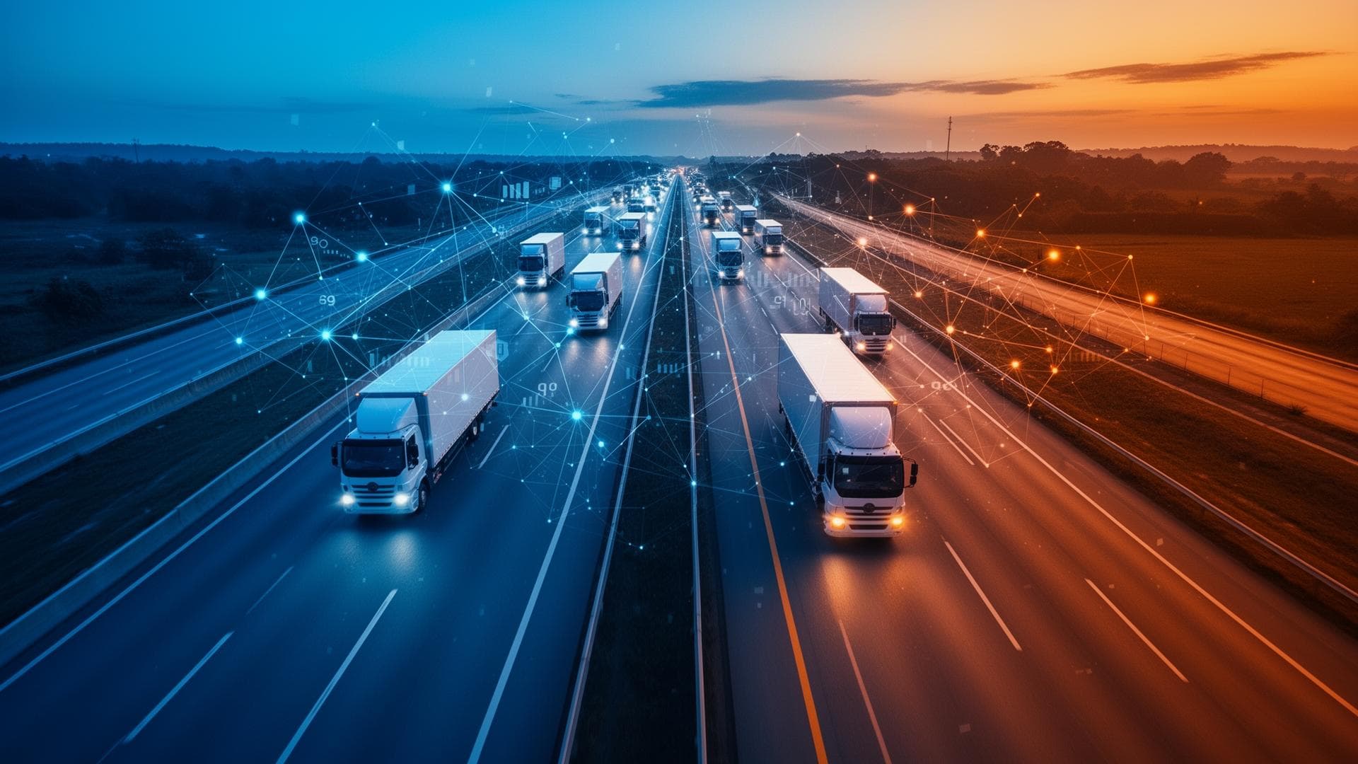 Freight trucks on a highway with a connected logistics network